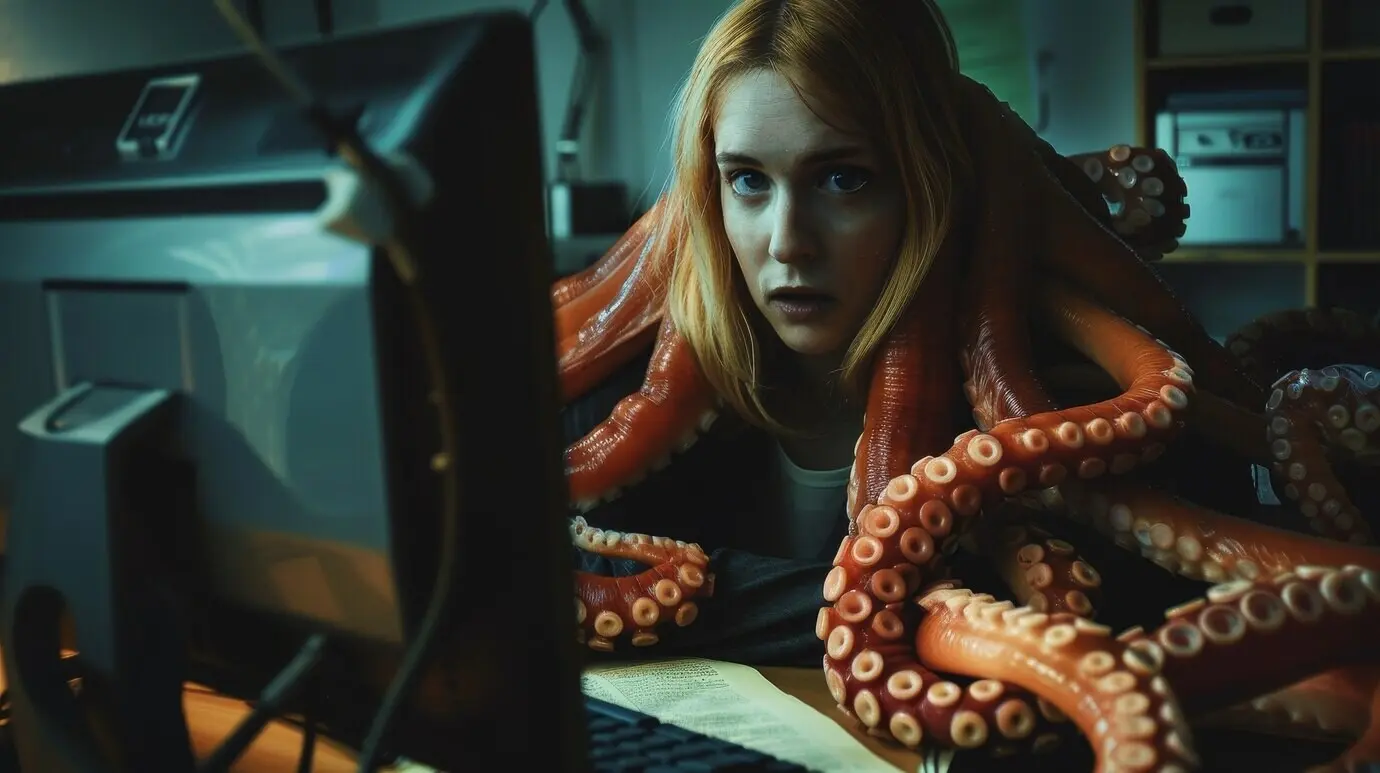 Konzept einer Person, die von Cybersickness und Technologieabhängigkeit betroffen ist.